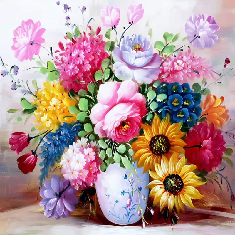 Fleurs multicolores en vase | Diamond Painting