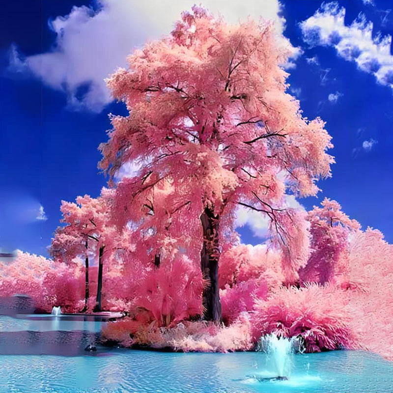 Arbre rose au lac Aqua | Diamond Painting