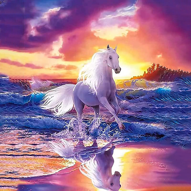 White Horse sur la plage | Diamond Painting