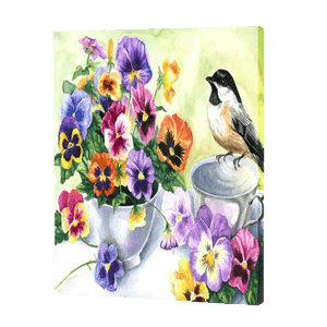 Oiseau avec des fleurs de pensée | Diamond Painting